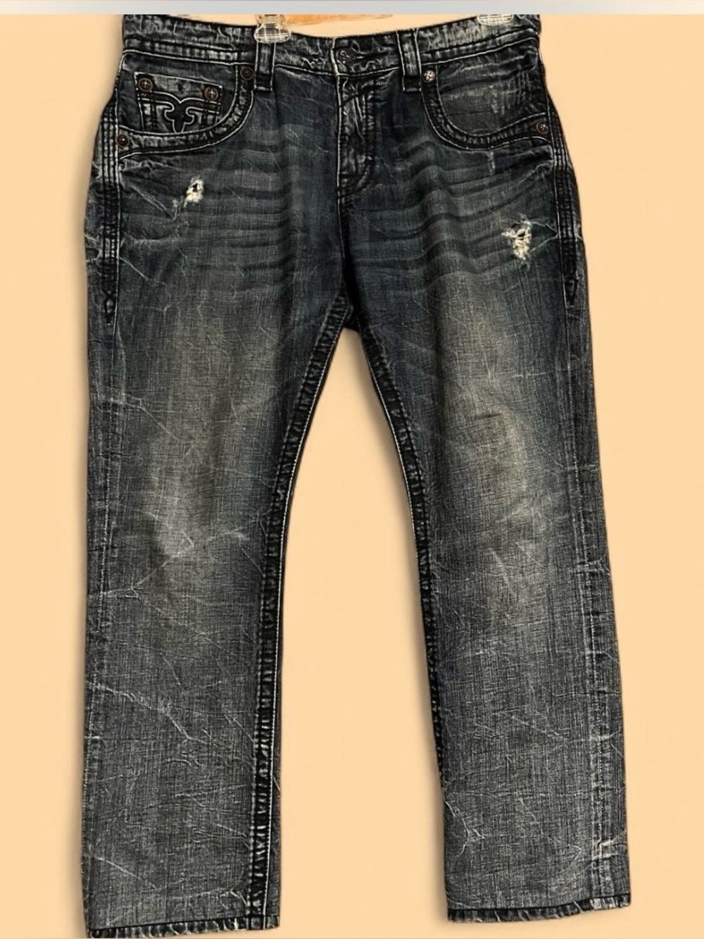 Rock Revival Y2K Men’s Dark Wash Dain Rock Straight Jeans 36 Distressed 5-Pocket